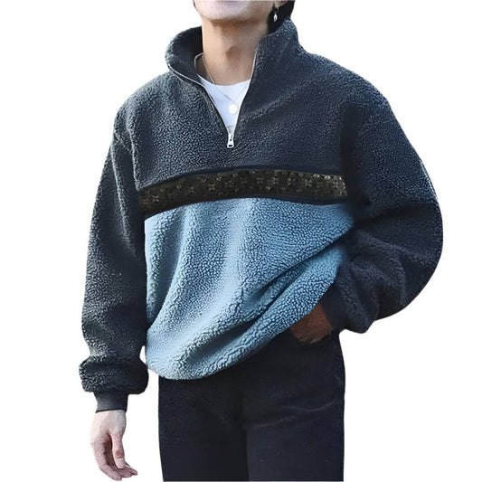 Heren Fleece Trui met Ritskraag en Colorblock Design Warm en Zacht met Relaxte Pasvorm
