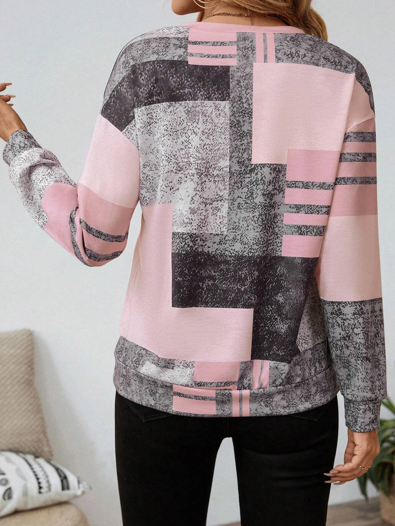 Dames trui met modieuze patchworkprint en halve rits – comfortabel sweatshirt in trendy casual stijl voor werk, vrije tijd en onderweg