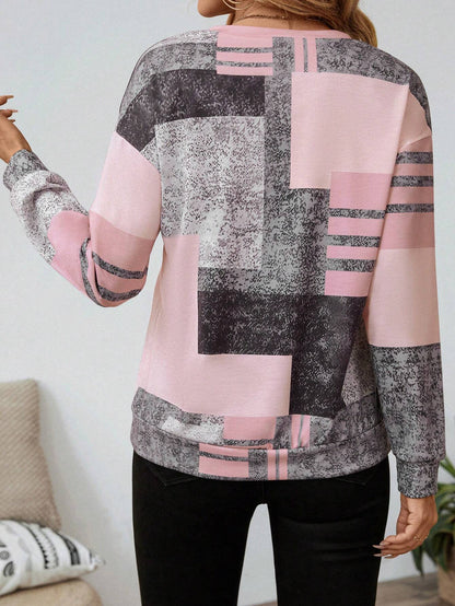 Dames trui met modieuze patchworkprint en halve rits – comfortabel sweatshirt in trendy casual stijl voor werk, vrije tijd en onderweg