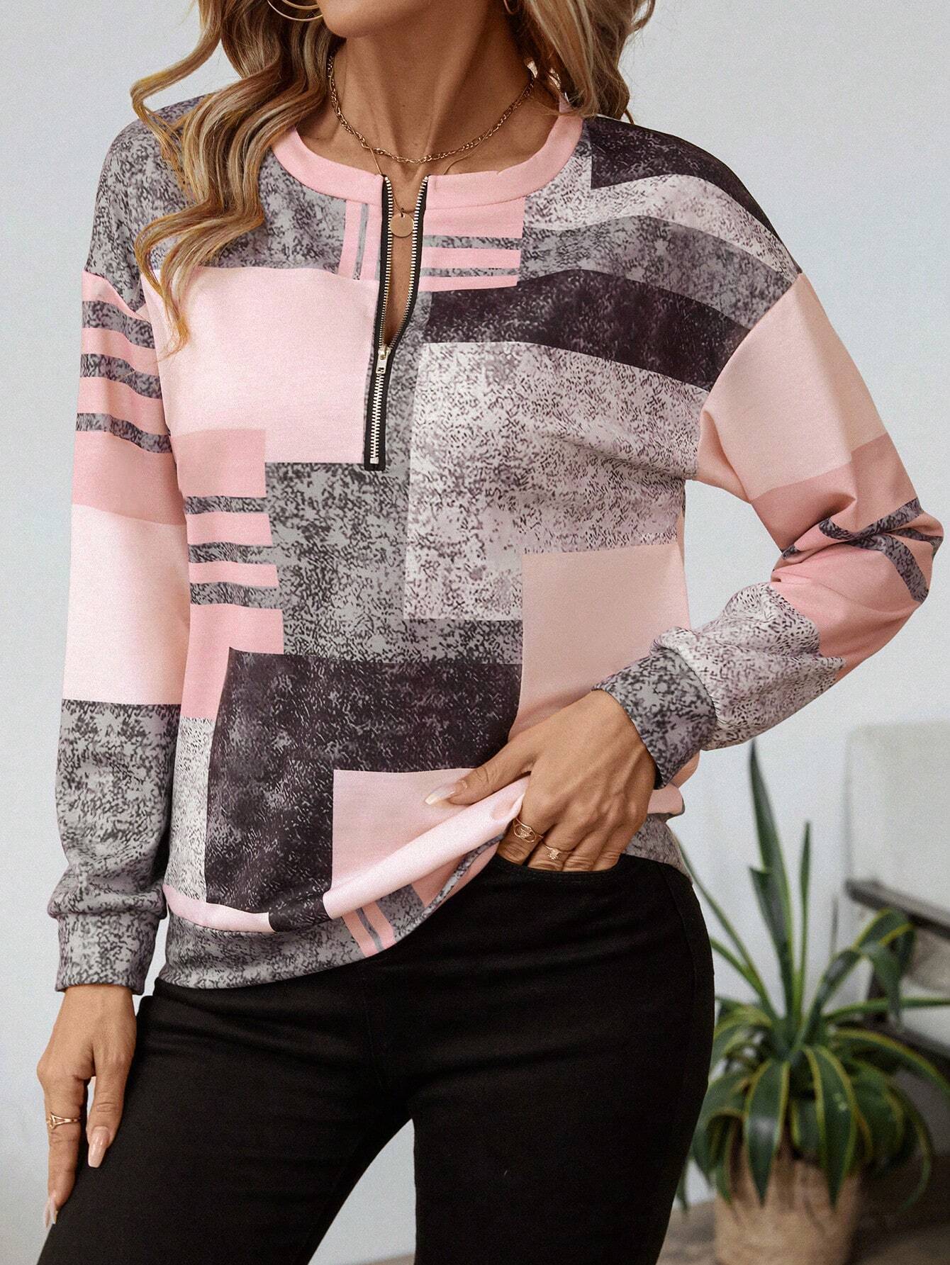Dames trui met modieuze patchworkprint en halve rits – comfortabel sweatshirt in trendy casual stijl voor werk, vrije tijd en onderweg