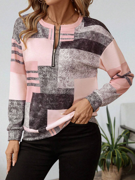 Dames trui met modieuze patchworkprint en halve rits – comfortabel sweatshirt in trendy casual stijl voor werk, vrije tijd en onderweg