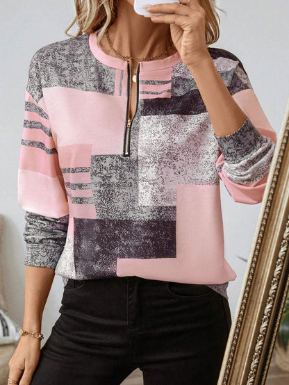 Dames trui met modieuze patchworkprint en halve rits – comfortabel sweatshirt in trendy casual stijl voor werk, vrije tijd en onderweg