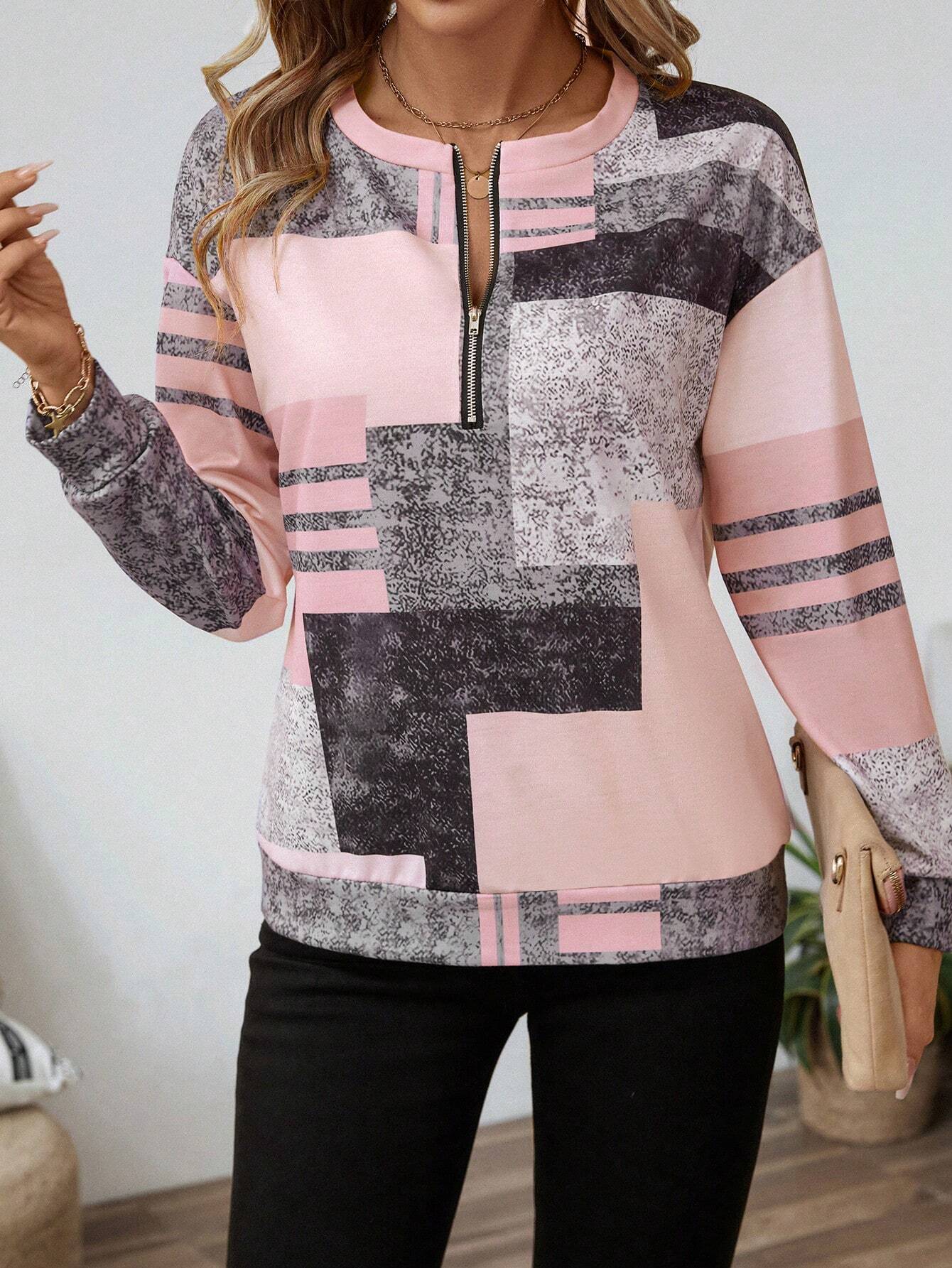 Dames trui met modieuze patchworkprint en halve rits – comfortabel sweatshirt in trendy casual stijl voor werk, vrije tijd en onderweg
