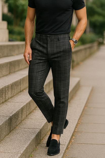 Heren Slim Fit Broek met Ruitpatroon Stretchstof en Tapered Fit voor Casual of Zakelijke Look