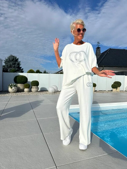 Dames loungewear set met oversized T-shirt en wijde broek – comfortabel huispak in diverse uitvoeringen voor ontspannen dagen
