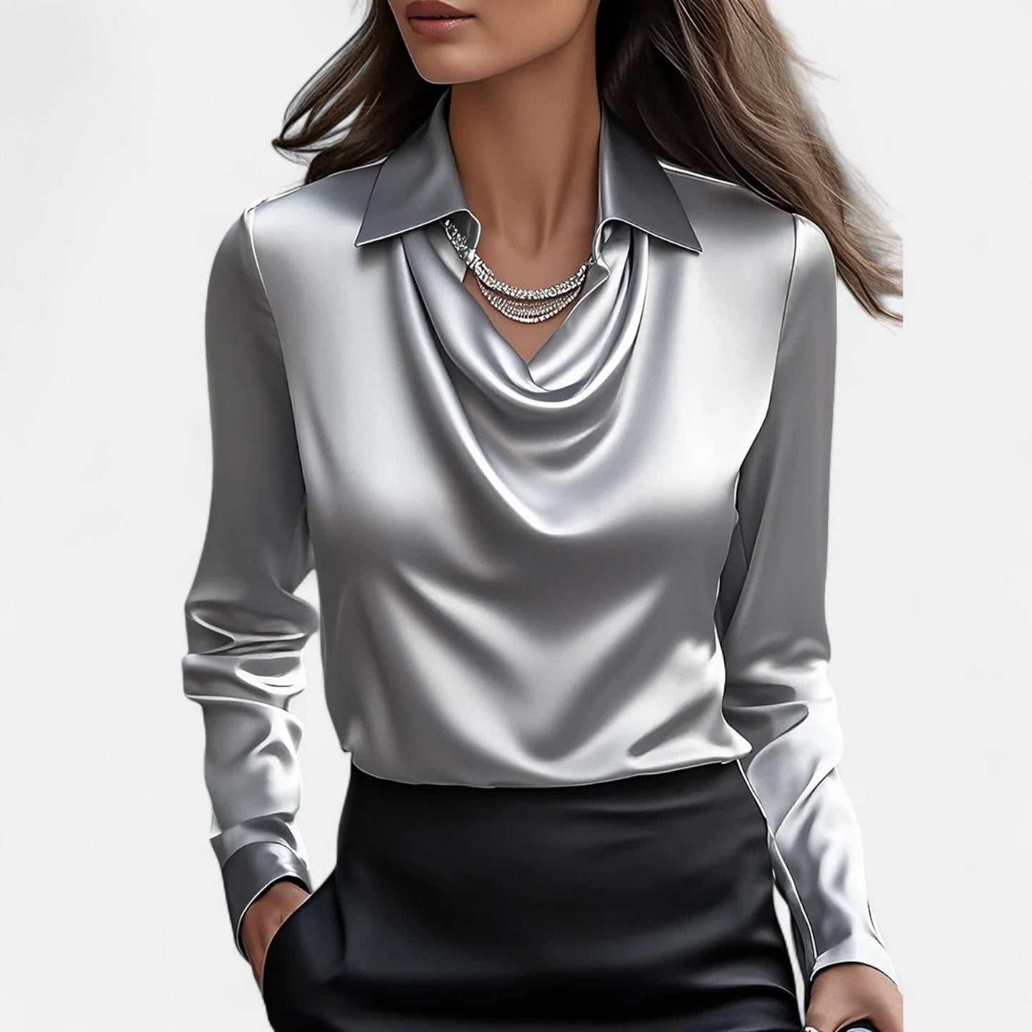 Dames blouse in diverse kleuren – satijnen blouse met watervalhals en lange mouwen