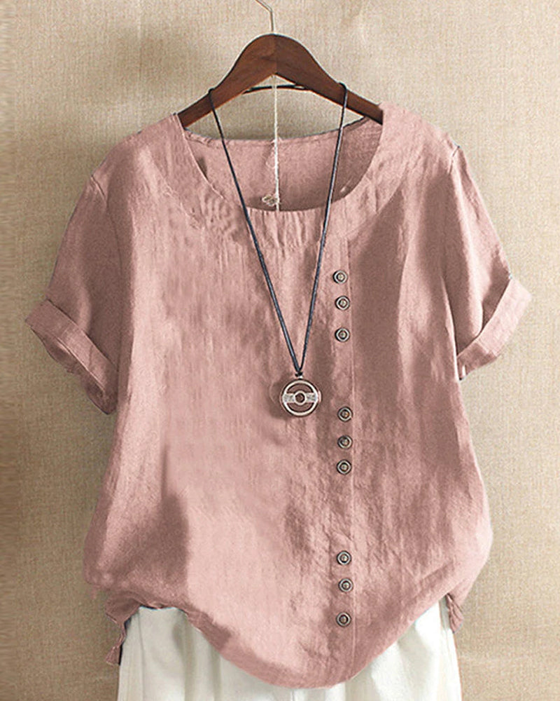 Dames linnen blouse met korte mouwen en sierknopen in diverse kleuren – luchtige zomer top met relaxte pasvorm