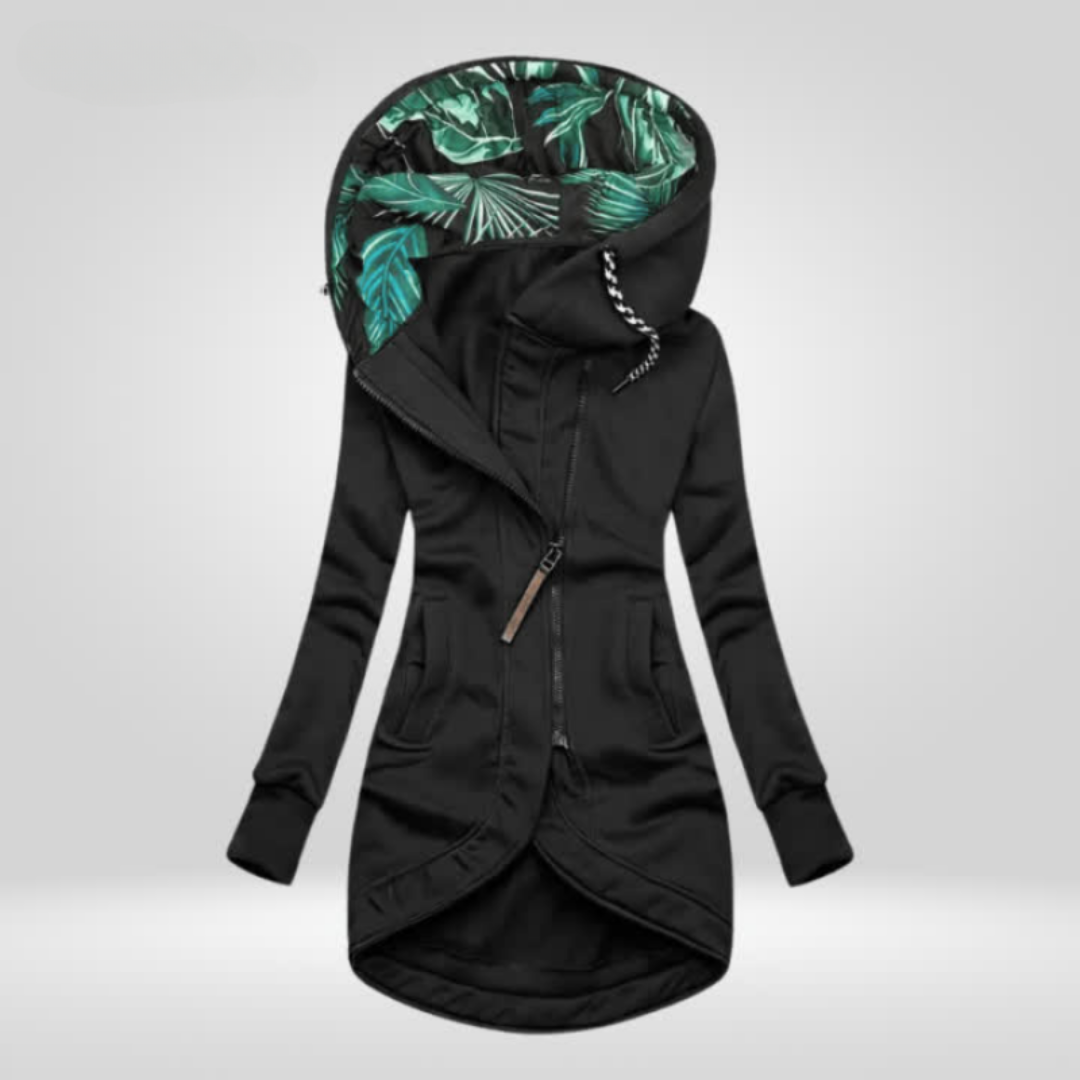 Dames lange hoodie jas met asymmetrische rits en tropische capuchon – comfortabele en stijlvolle jas voor dagelijks gebruik