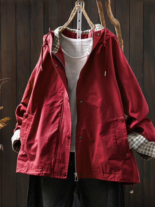 Dames casual tussenjas met capuchon en ruitvoering – comfortabele lichtgewicht jas voor herfst, lente en frisse dagen