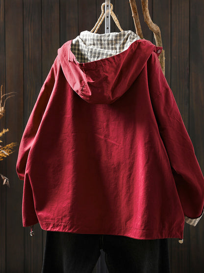 Dames casual tussenjas met capuchon en ruitvoering – comfortabele lichtgewicht jas voor herfst, lente en frisse dagen