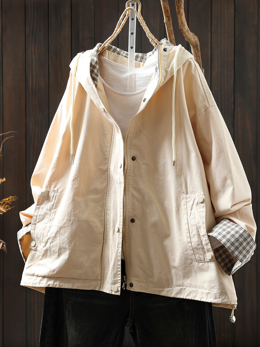 Dames casual tussenjas met capuchon en ruitvoering – comfortabele lichtgewicht jas voor herfst, lente en frisse dagen