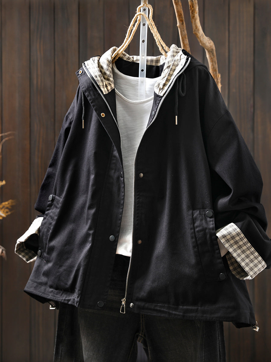 Dames casual tussenjas met capuchon en ruitvoering – comfortabele lichtgewicht jas voor herfst, lente en frisse dagen