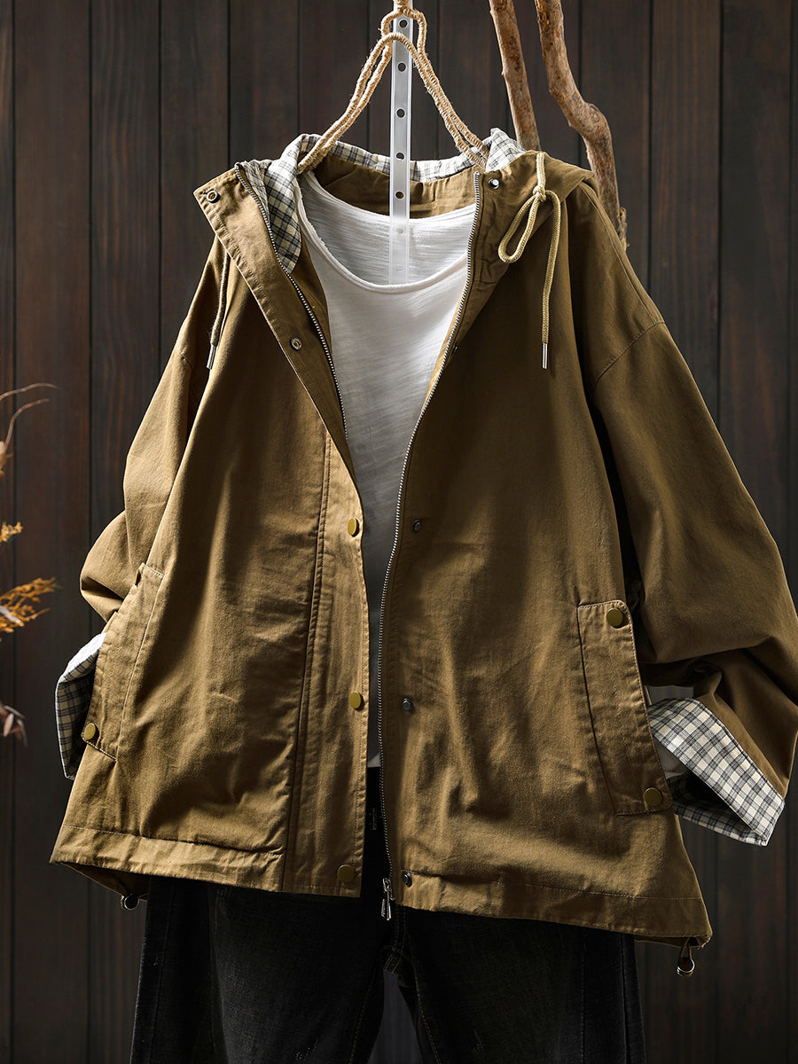Dames casual tussenjas met capuchon en ruitvoering – comfortabele lichtgewicht jas voor herfst, lente en frisse dagen