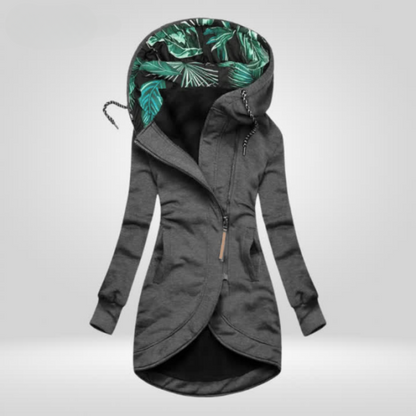 Dames lange hoodie jas met asymmetrische rits en tropische capuchon – comfortabele en stijlvolle jas voor dagelijks gebruik