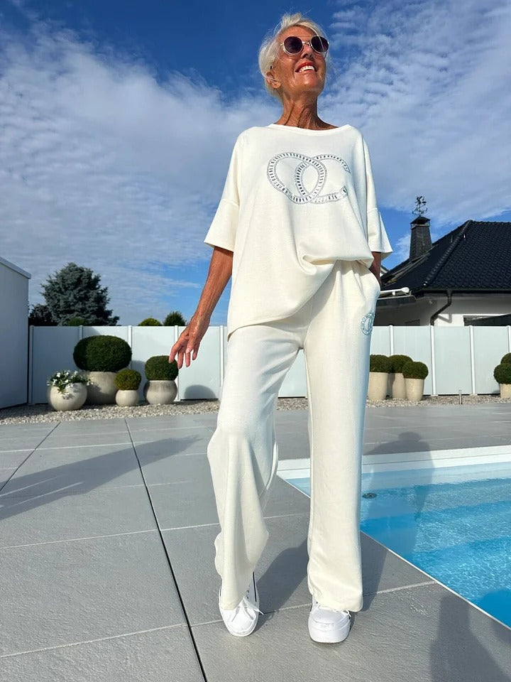 Dames loungewear set met oversized T-shirt en wijde broek – comfortabel huispak in diverse uitvoeringen voor ontspannen dagen