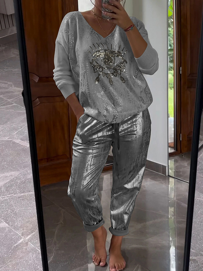 Dames 2-delige set trui en broek in diverse kleuren – trendy loungewear met feestelijke uitstraling