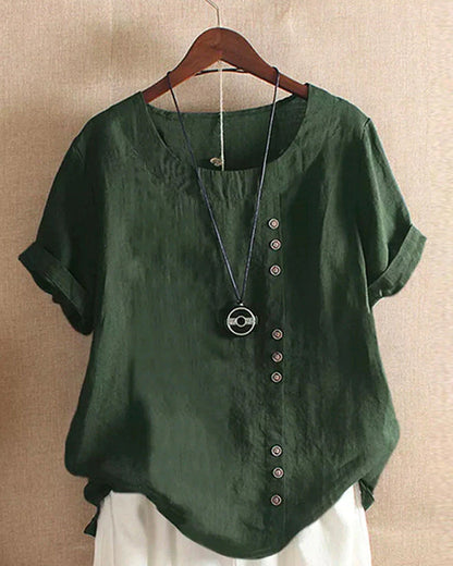 Dames linnen blouse met korte mouwen en sierknopen in diverse kleuren – luchtige zomer top met relaxte pasvorm