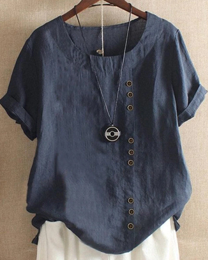 Dames linnen blouse met korte mouwen en sierknopen in diverse kleuren – luchtige zomer top met relaxte pasvorm