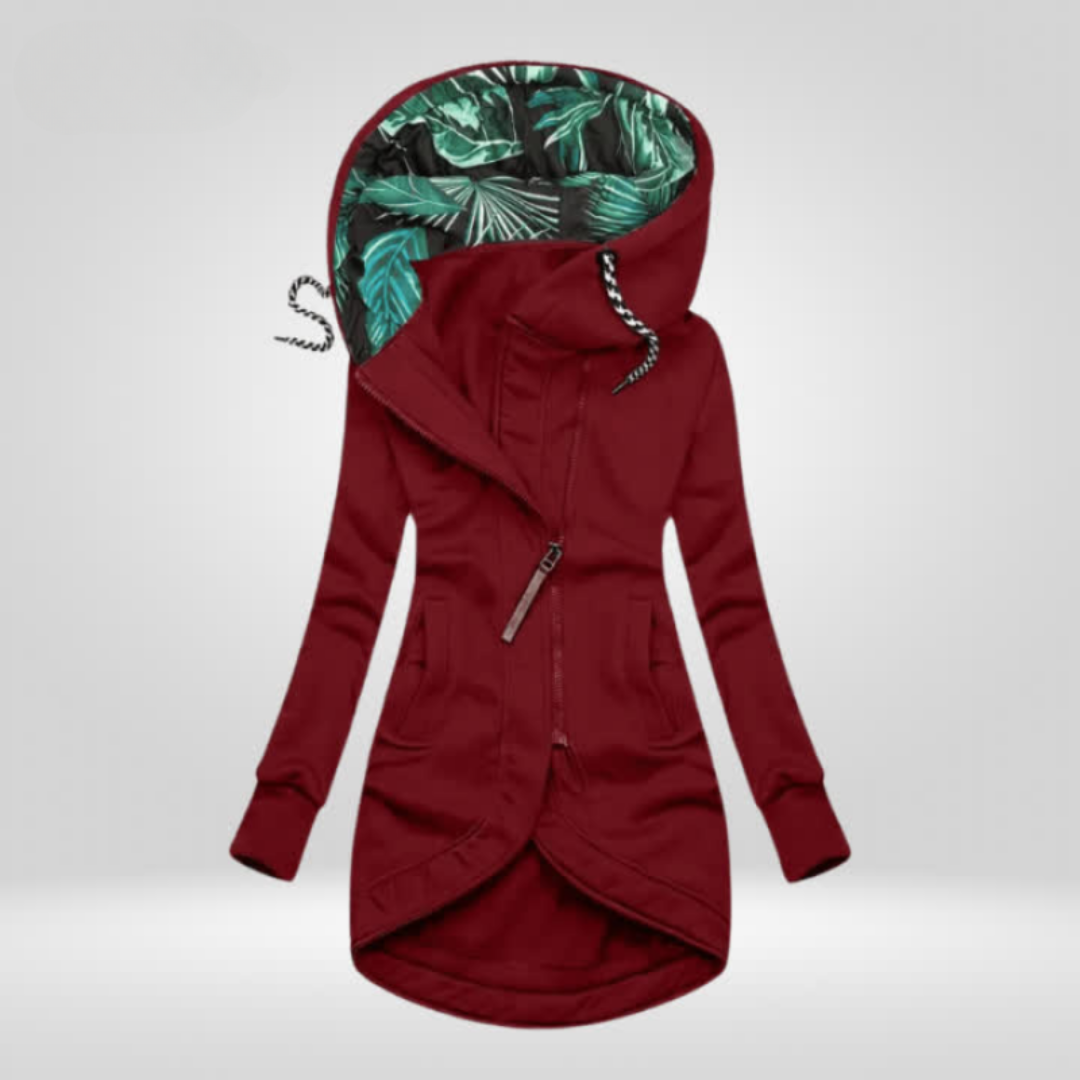 Dames lange hoodie jas met asymmetrische rits en tropische capuchon – comfortabele en stijlvolle jas voor dagelijks gebruik