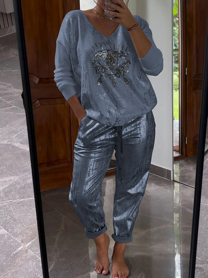 Dames 2-delige set trui en broek in diverse kleuren – trendy loungewear met feestelijke uitstraling