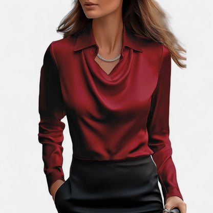 Dames blouse in diverse kleuren – satijnen blouse met watervalhals en lange mouwen