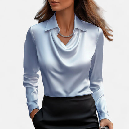 Dames blouse in diverse kleuren – satijnen blouse met watervalhals en lange mouwen