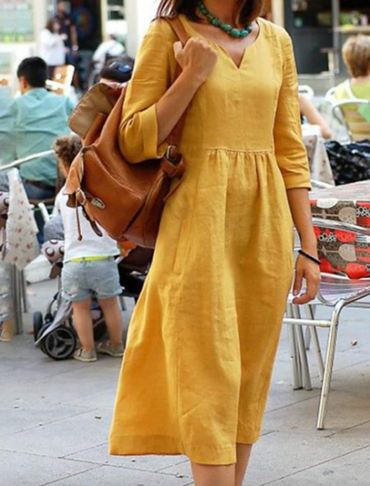 Dames midi zomerjurk van linnenmix met 3/4 mouw – verkrijgbaar in diverse kleuren