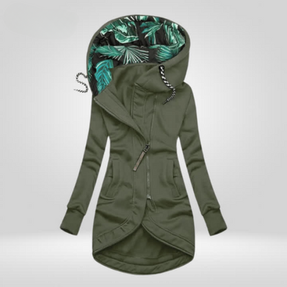 Dames lange hoodie jas met asymmetrische rits en tropische capuchon – comfortabele en stijlvolle jas voor dagelijks gebruik