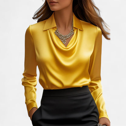 Dames blouse in diverse kleuren – satijnen blouse met watervalhals en lange mouwen