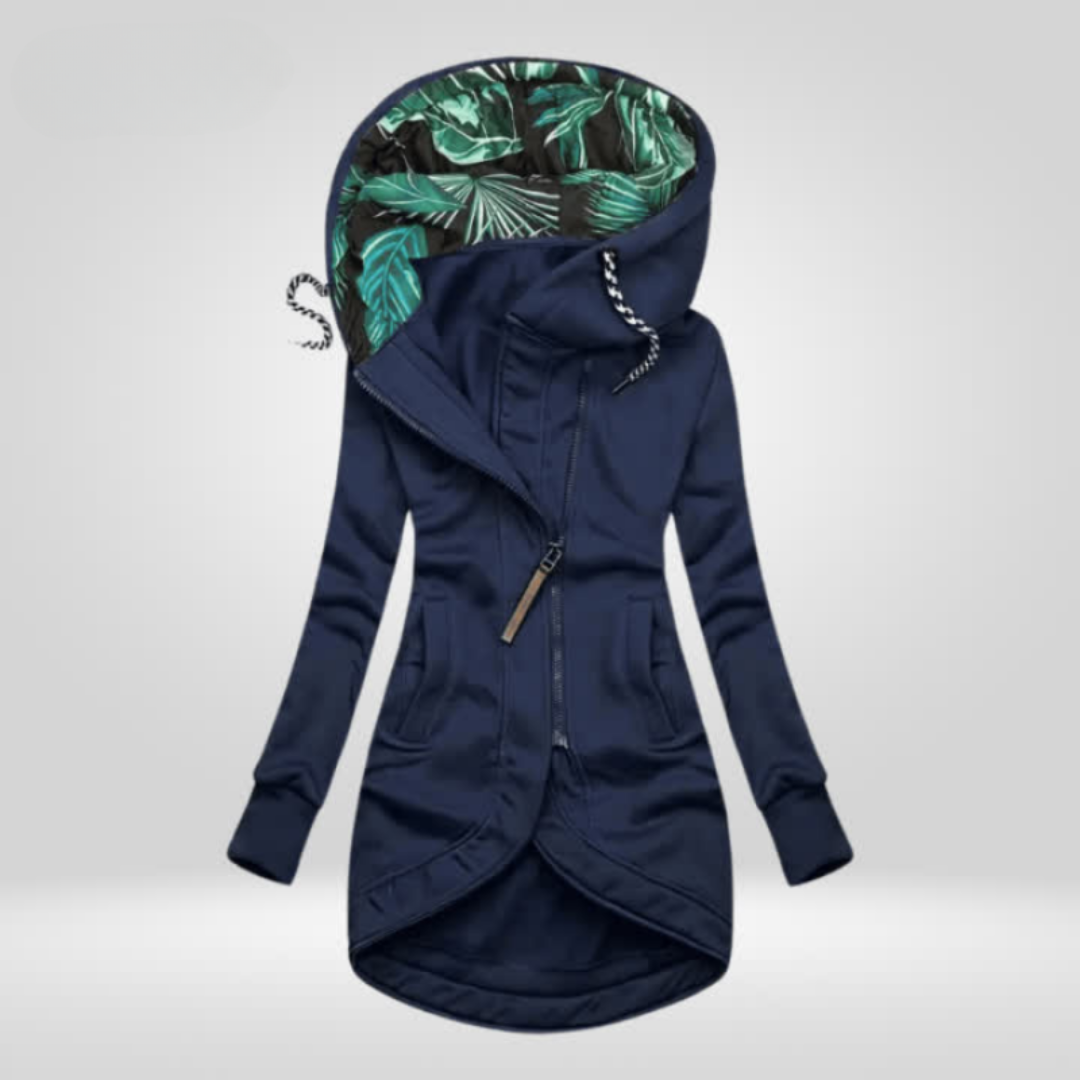 Dames lange hoodie jas met asymmetrische rits en tropische capuchon – comfortabele en stijlvolle jas voor dagelijks gebruik