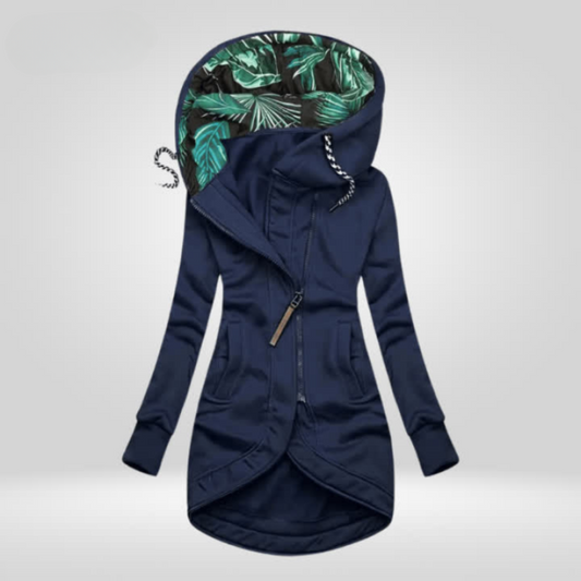 Dames lange hoodie jas met asymmetrische rits en tropische capuchon – comfortabele en stijlvolle jas voor dagelijks gebruik