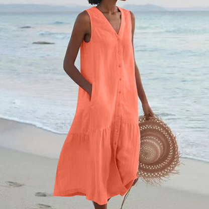 Zomerse linnen damesjurk zonder mouwen luchtige strandjurk met knoopsluiting, V-hals en zakken