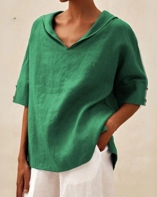 Dames linnen blouse met V-hals en 3/4 mouw – verkrijgbaar in meerdere kleuren