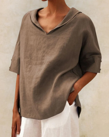 Dames linnen blouse met V-hals en 3/4 mouw – verkrijgbaar in meerdere kleuren