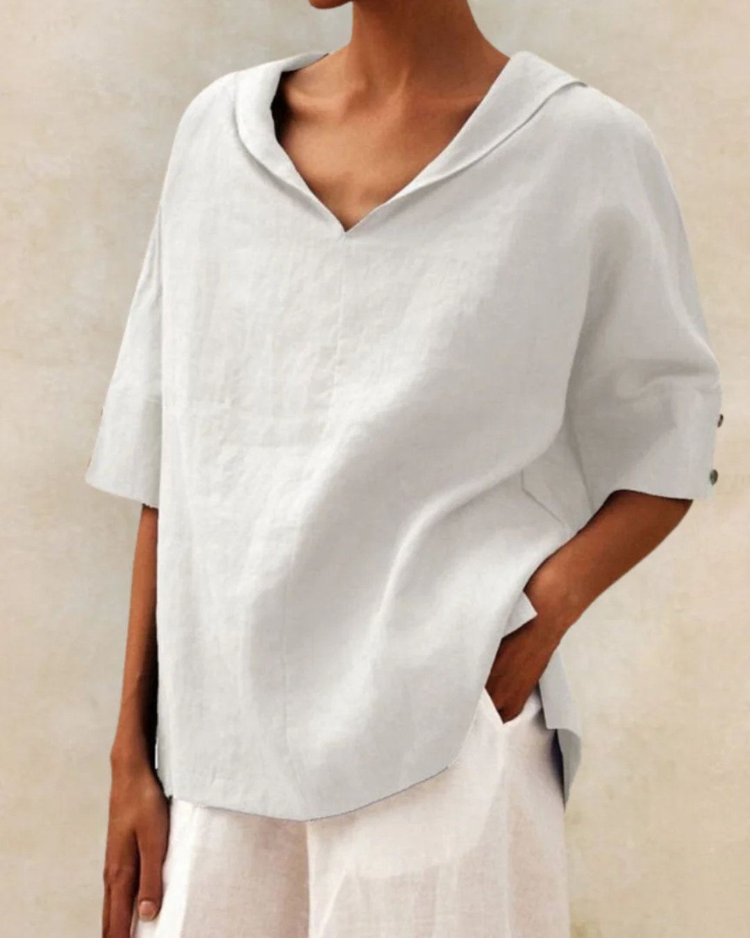 Dames linnen blouse met V-hals en 3/4 mouw – verkrijgbaar in meerdere kleuren