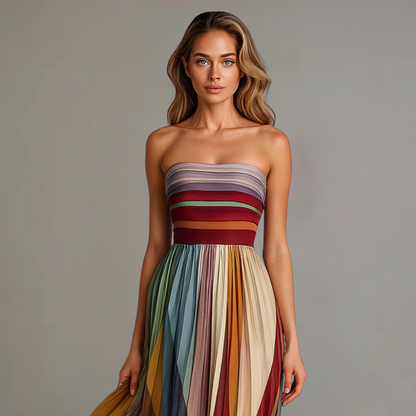 Dames strapless maxi-jurk met plissé in diverse kleuren – elegant en perfect voor zomerse gelegenheden