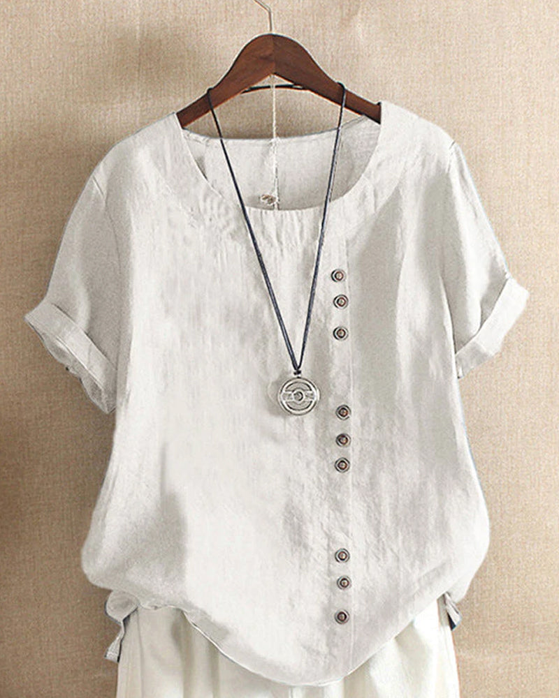 Dames linnen blouse met korte mouwen en sierknopen in diverse kleuren – luchtige zomer top met relaxte pasvorm