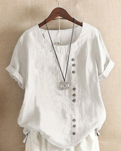 Dames linnen blouse met korte mouwen en sierknopen in diverse kleuren – luchtige zomer top met relaxte pasvorm