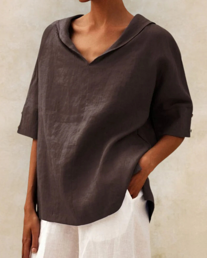 Dames linnen blouse met V-hals en 3/4 mouw – verkrijgbaar in meerdere kleuren