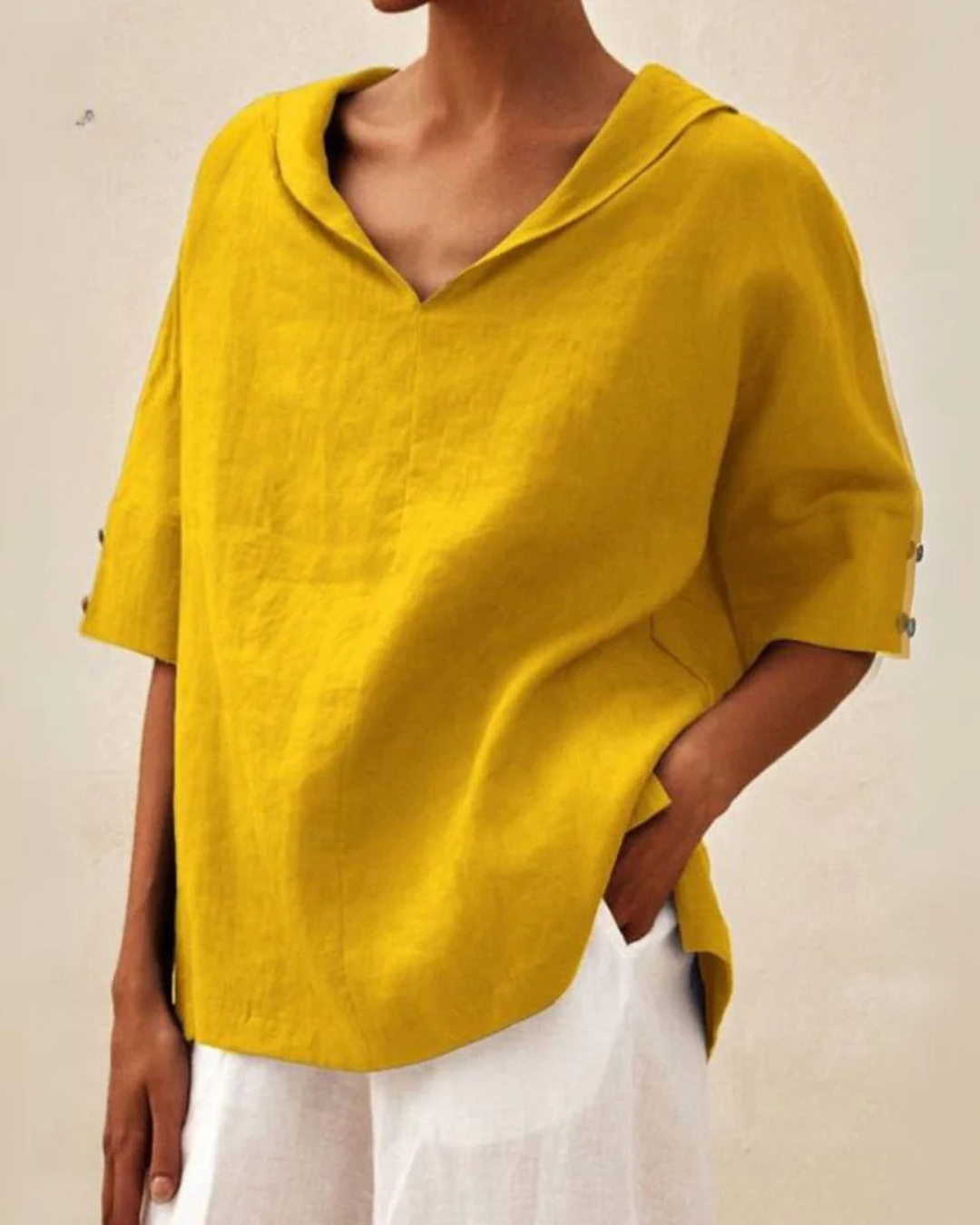 Dames linnen blouse met V-hals en 3/4 mouw – verkrijgbaar in meerdere kleuren
