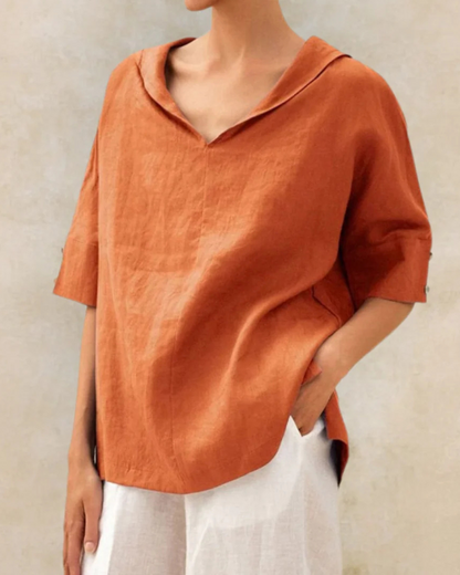 Dames linnen blouse met V-hals en 3/4 mouw – verkrijgbaar in meerdere kleuren