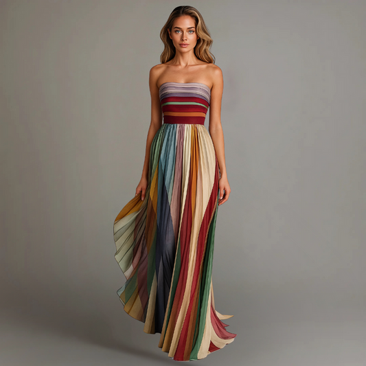 Dames strapless maxi-jurk met plissé in diverse kleuren – elegant en perfect voor zomerse gelegenheden