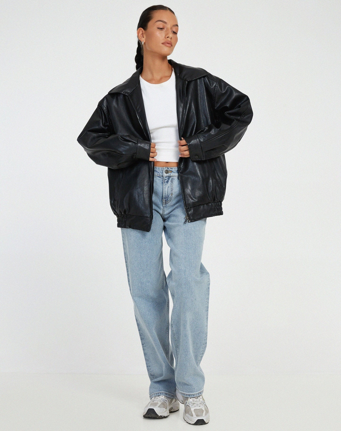 Dames oversized leren jas met brede kraag en elastische boorden in diverse kleuren – stoer & stijlvol gecombineerd
