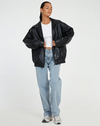 Dames oversized leren jas met brede kraag en elastische boorden in diverse kleuren – stoer & stijlvol gecombineerd