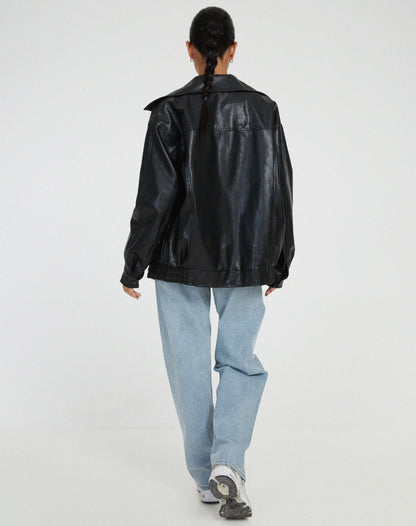 Dames oversized leren jas met brede kraag en elastische boorden in diverse kleuren – stoer & stijlvol gecombineerd