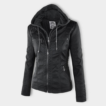 Dames leren jas met capuchon en ritssluiting in diverse kleuren – stijlvolle getailleerde bikerlook voor herfst en winter