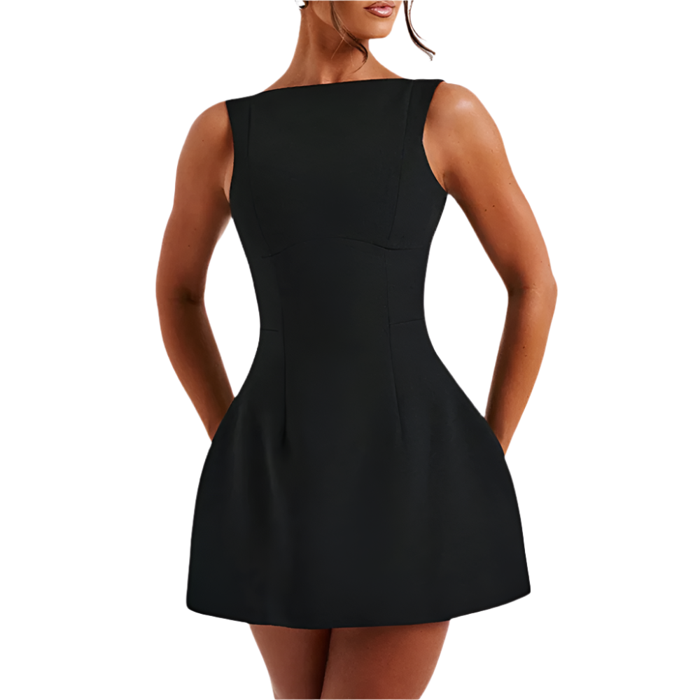 Janessa – Mouwloze Mini Jurk met Open Rug en Elegante Pasvorm