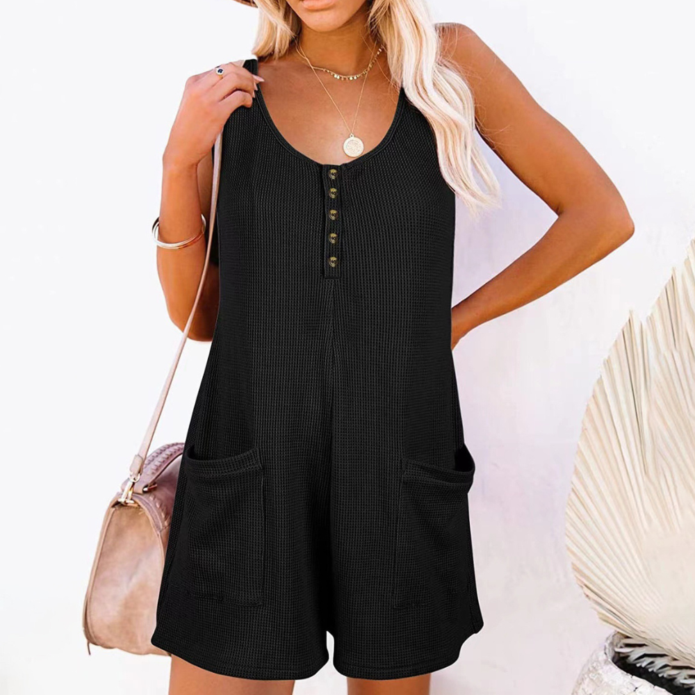 Dames Mouwloze Playsuit met Knoopsluiting en Zakken Luchtig Zomerpakje in Losvallend Model