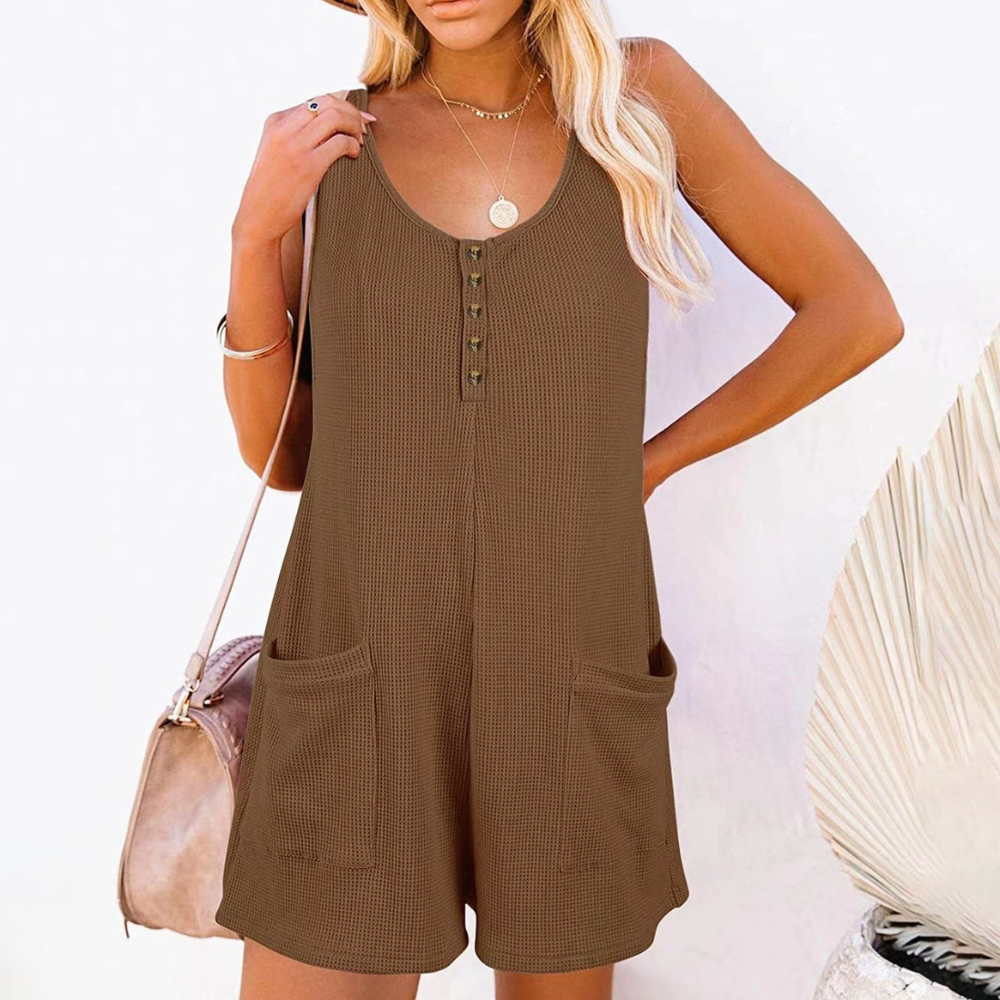 Dames Mouwloze Playsuit met Knoopsluiting en Zakken Luchtig Zomerpakje in Losvallend Model
