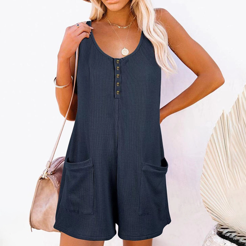 Dames Mouwloze Playsuit met Knoopsluiting en Zakken Luchtig Zomerpakje in Losvallend Model
